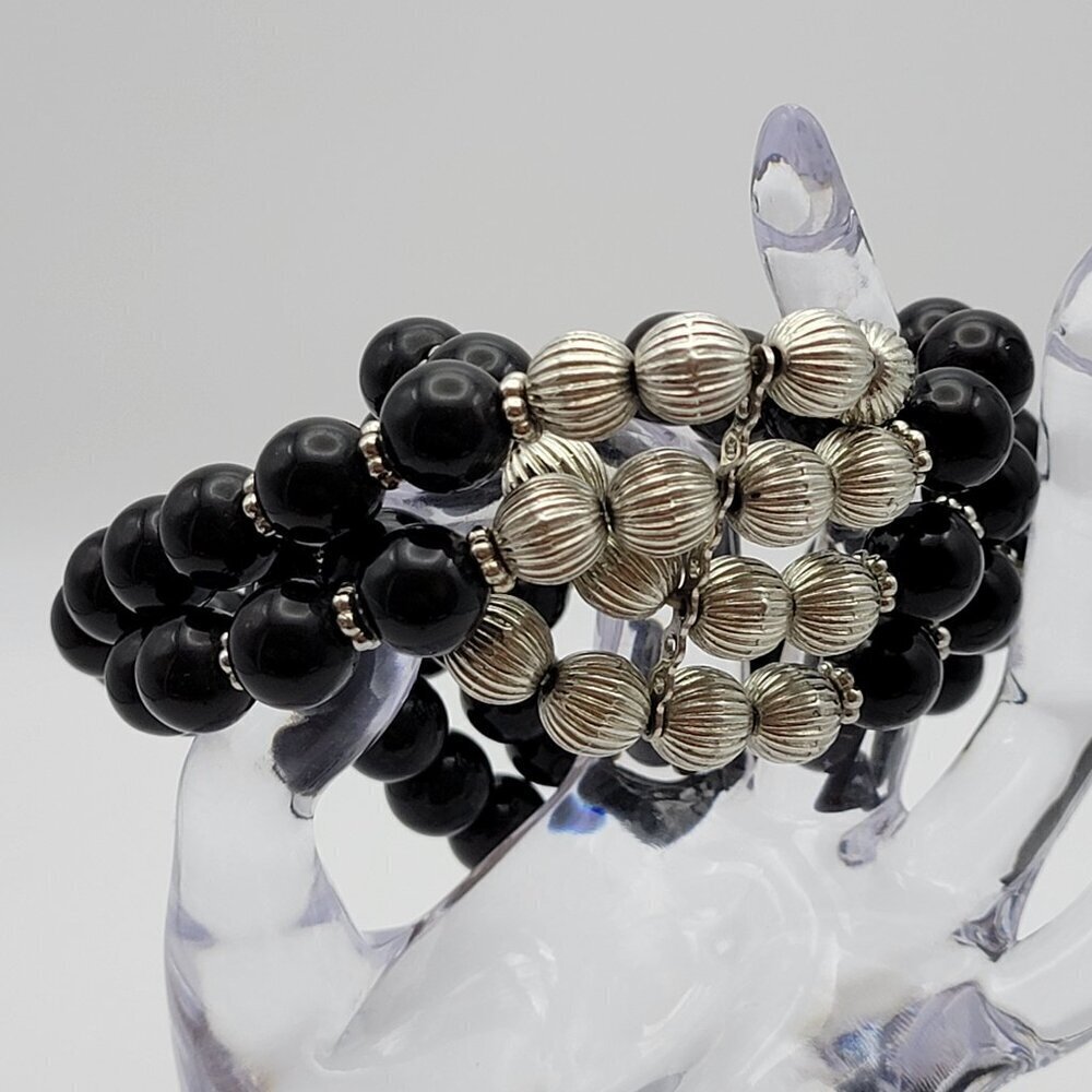 Black And Silver Tone Ball Bead  Stretch Bracelet 8 In Sizable Multi Strand